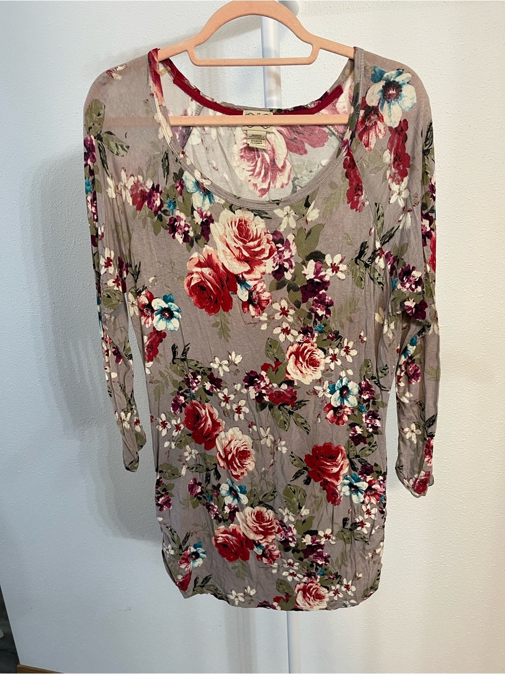 eyelash couture Floral Scoop Neck Tunic in Taupe with Red, Pink, Teal Accents